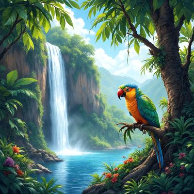 The primary subject of the image is a colorful parrot perched on a tree branch. The setting is a lush, tropical environment with a waterfall in the background. The visual style is a digital art illustration, creating a vibrant and lively atmosphere. The dominant colors include green, blue, and red, reflecting the natural beauty of the scene.